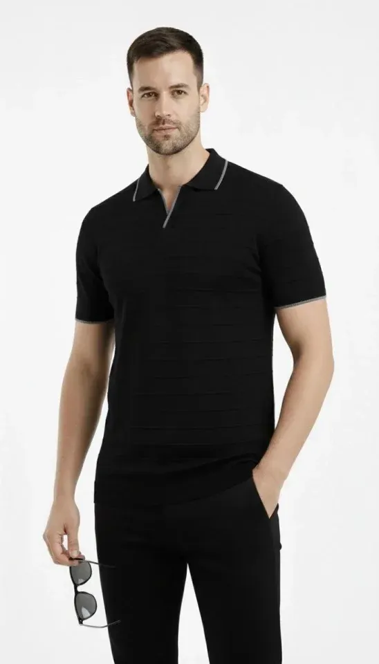 Erkek Triko Kumaş Yakalı Düğmesiz Açık Yaka Fitilli Kısa Kollu Regular Fit Tişört T-shirt - Siyah