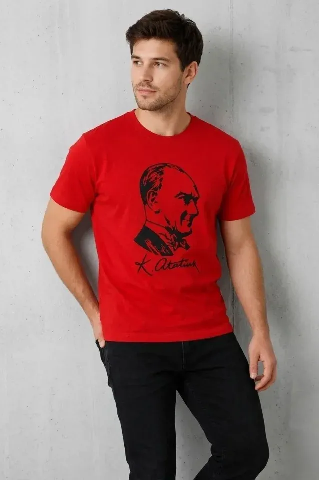 Erkek Atatürk Baskılı Tişört Kısa Kollu Bisiklet Yaka T-Shirt - Kırmızı