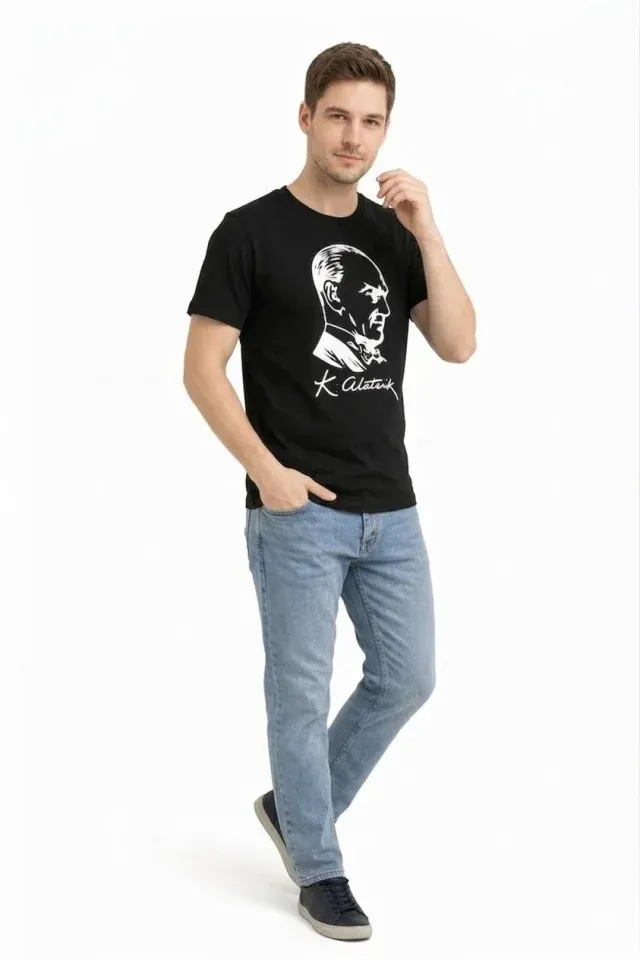 Erkek Atatürk Baskılı Tişört Kısa Kollu Bisiklet Yaka T-Shirt - Siyah