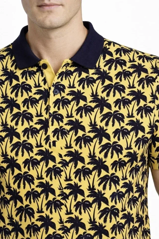 Erkek Pike Kumaş Polo Yaka Palmiye Desenli Tişört Kısa Kol Yazlık T-Shirt - Sarı