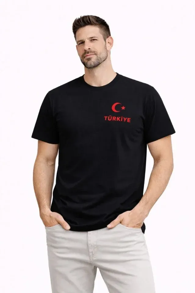 Erkek TÜRKİYE Ay Yıldız Baskılı Taraftar Forma T-Shirt - Siyah