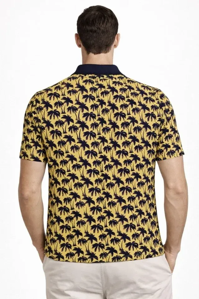 Erkek Pike Kumaş Polo Yaka Palmiye Desenli Tişört Kısa Kol Yazlık T-Shirt - Sarı