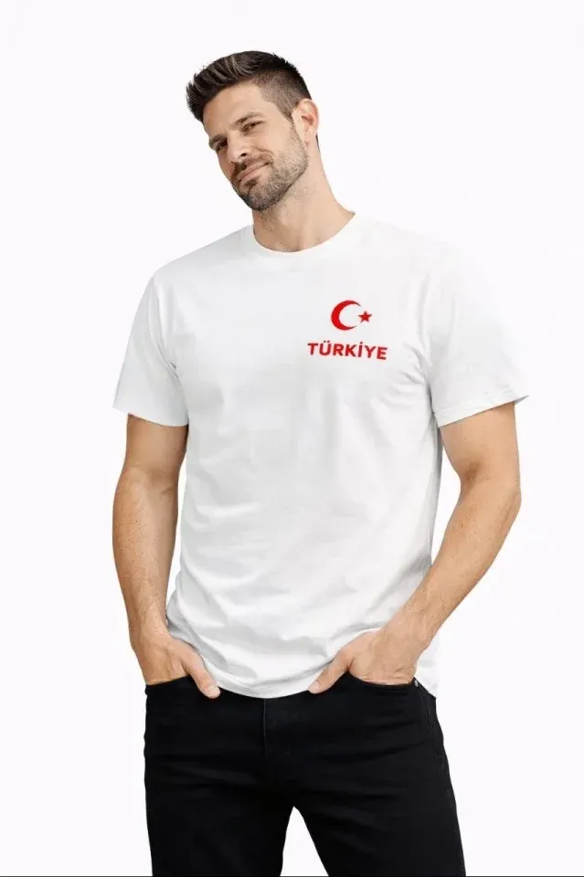 Erkek TÜRKİYE Ay Yıldız Baskılı Taraftar Forma T-Shirt - Beyaz