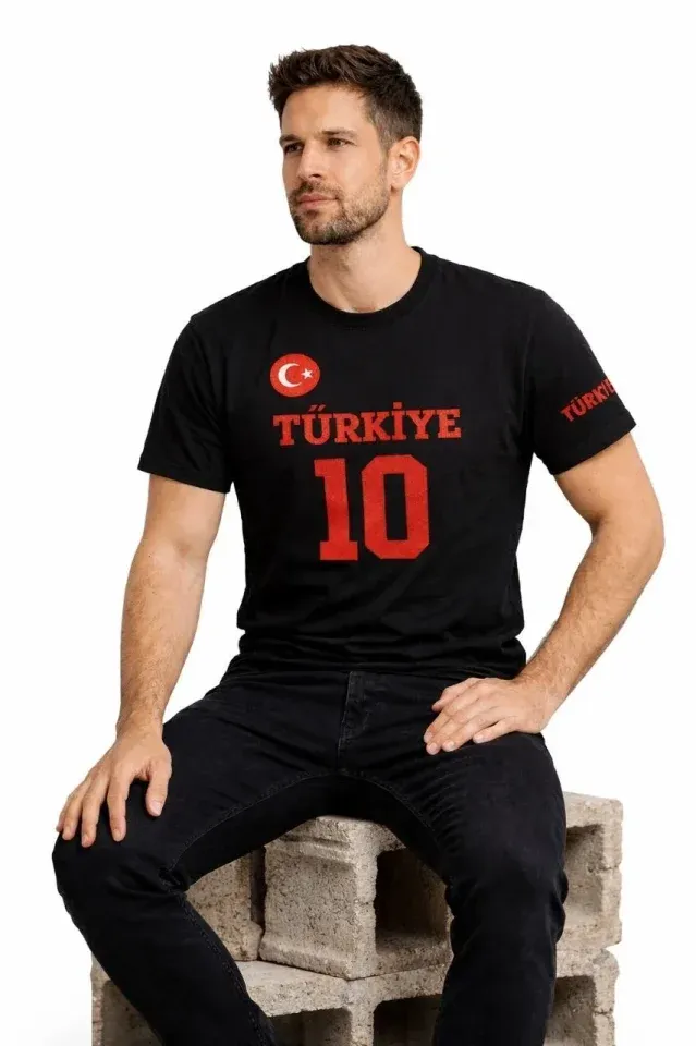 Erkek TÜRKİYE Ay Yıldız Baskılı 10 Numara Forma Tişört Taraftar T-Shirt - Siyah