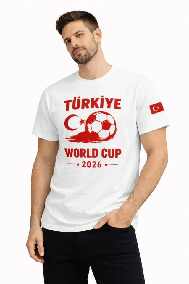 Erkek Türkiye World Cup 2026 Baskılı Tişört Futbol Temalı Forma T-Shirt - Beyaz