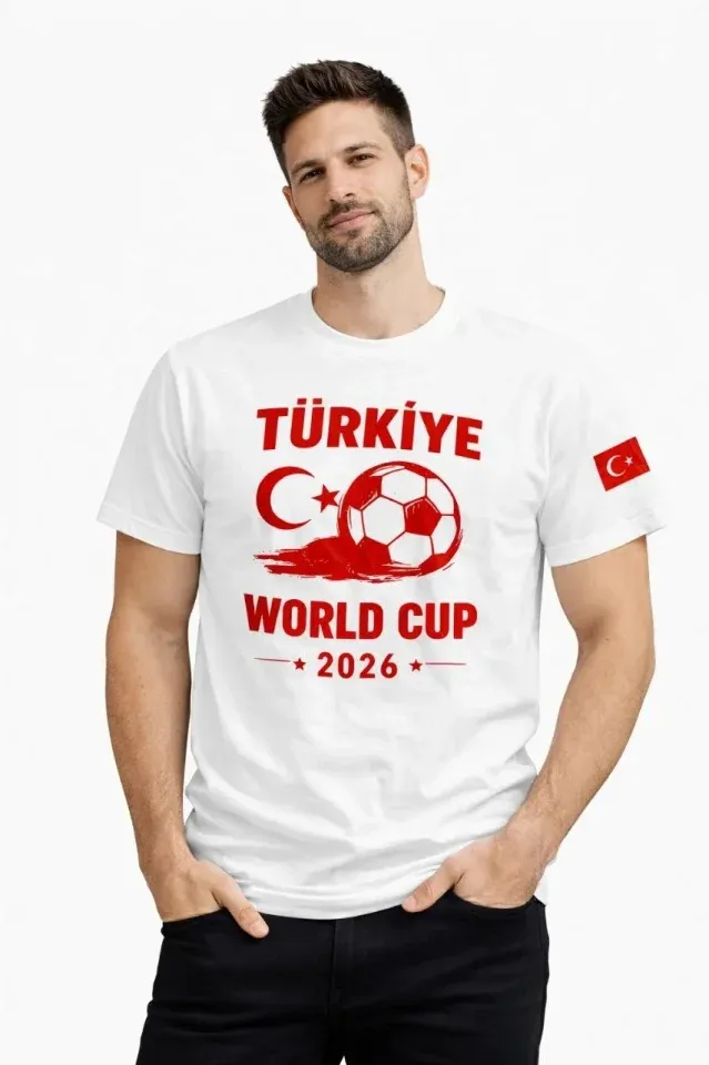 Erkek Türkiye World Cup 2026 Baskılı Tişört Futbol Temalı Forma T-Shirt - Beyaz