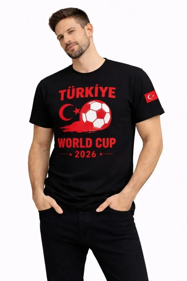 Erkek Türkiye World Cup 2026 Baskılı Tişört Futbol Temalı Forma T-Shirt - Siyah