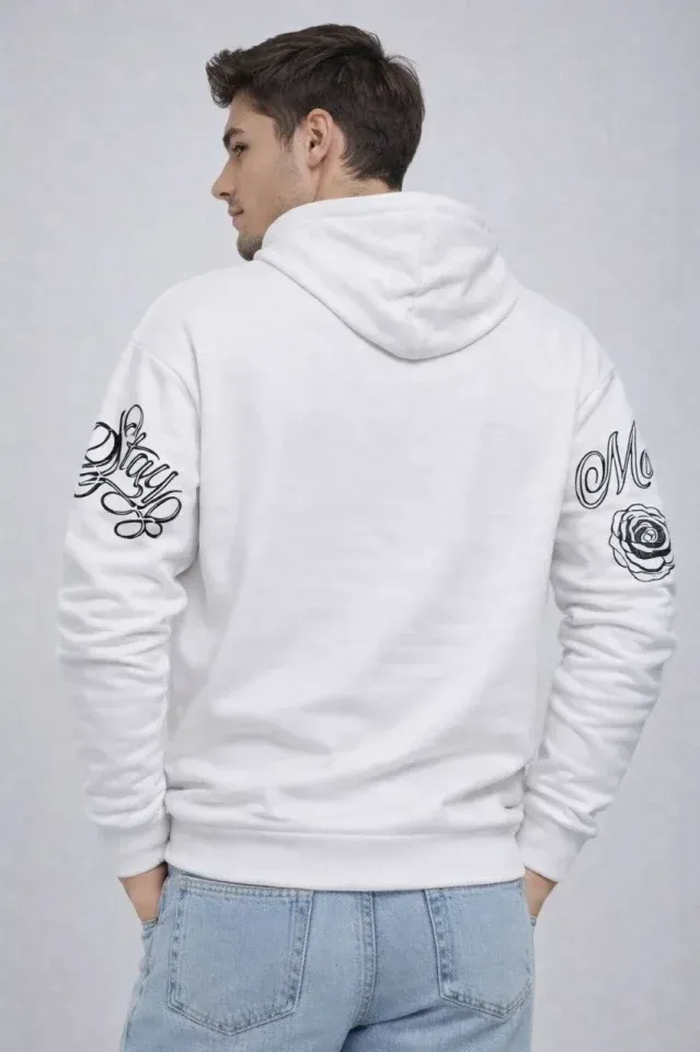 Erkek 3 İplik Pamuklu Kapüşonlu Baskılı SweatShirt Hoodie - Beyaz
