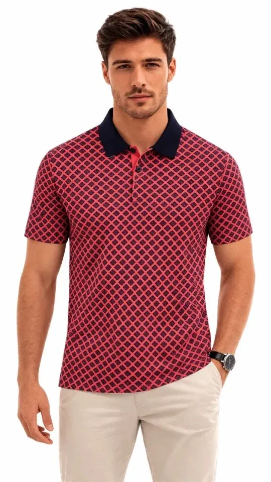 Erkek Pike Kumaş Polo Yaka Desenli Tişört Kısa Kol Yazlık T-Shirt - Kırmızı