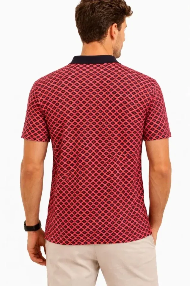 Erkek Pike Kumaş Polo Yaka Desenli Tişört Kısa Kol Yazlık T-Shirt - Kırmızı