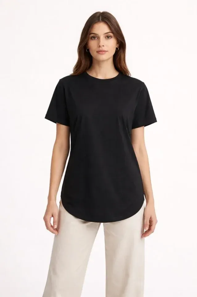 Basic T-Shirt Kısa Kol Bisiklet Yaka Oval Kesim Tişört - Siyah