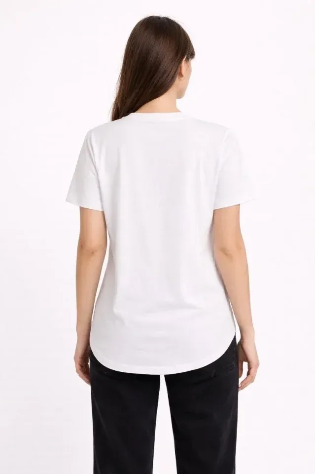 Basic T-Shirt Kısa Kol Bisiklet Yaka Oval Kesim Tişört - Beyaz