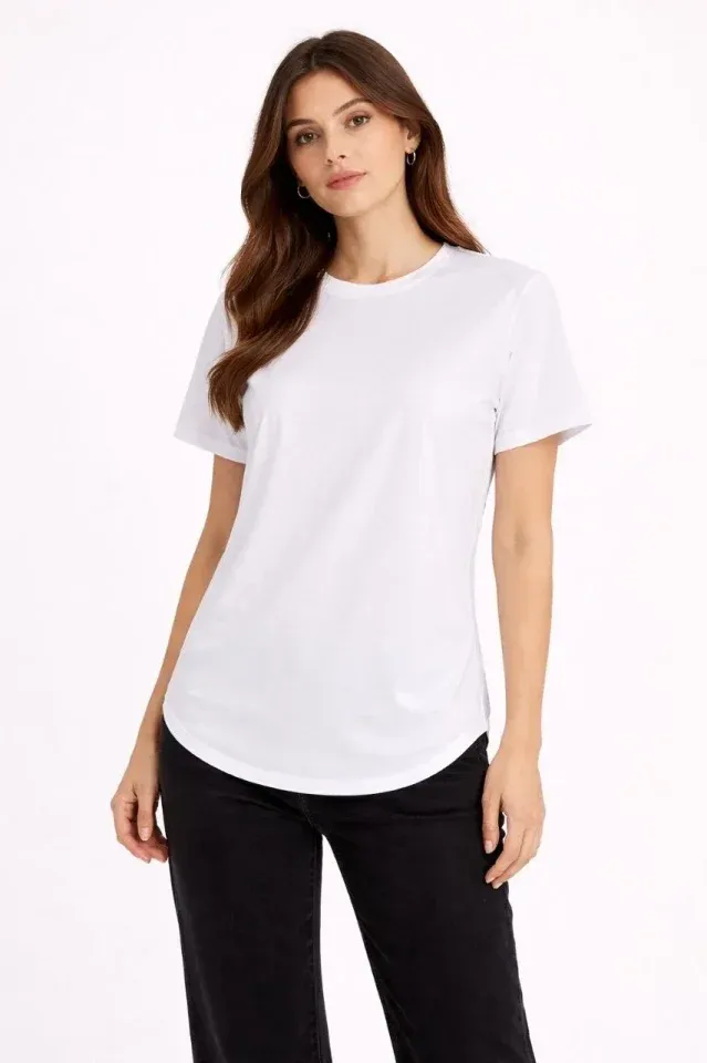 Basic T-Shirt Kısa Kol Bisiklet Yaka Oval Kesim Tişört - Beyaz