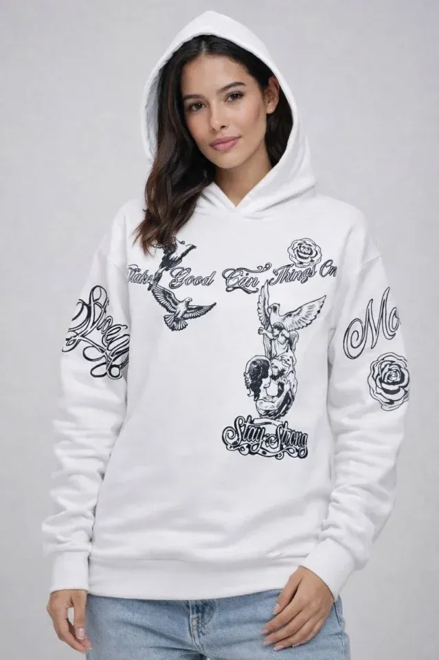3 İplik Pamuklu Kapüşonlu Baskılı SweatShirt Hoodie - Beyaz