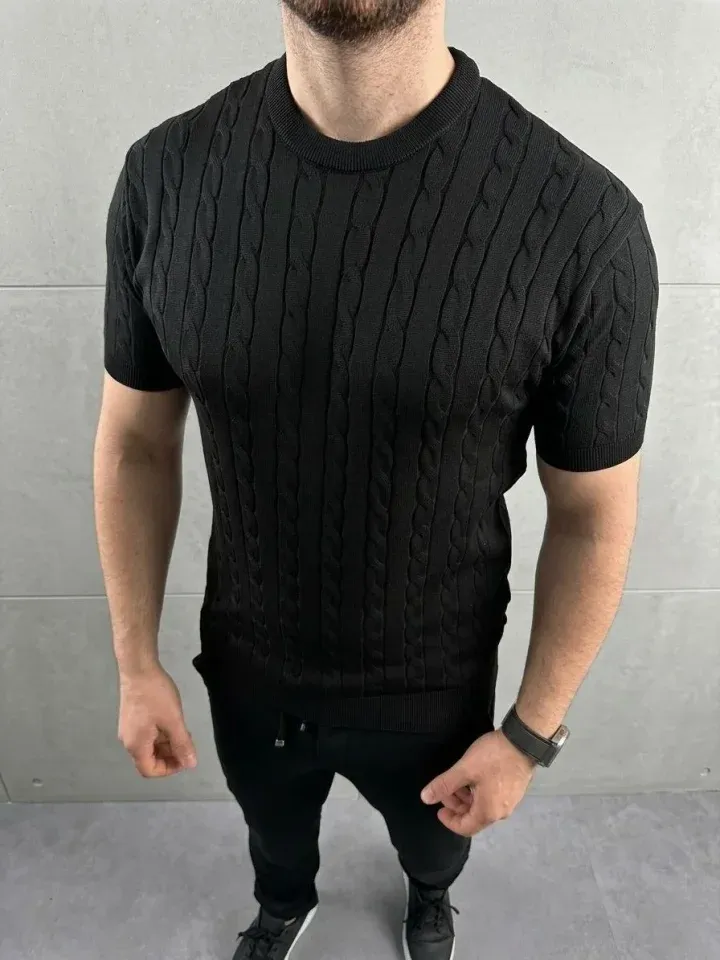 Erkek Yazlık Triko Dokuma Tişört Kısa Kol Bisiklet Yaka Örgü Desenli T-Shirt - Siyah