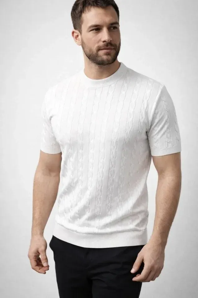 Erkek Yazlık Triko Dokuma Tişört Kısa Kol Bisiklet Yaka Örgü Desenli T-Shirt - Beyaz