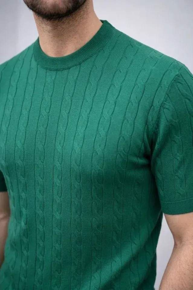 Erkek Yazlık Triko Dokuma Tişört Kısa Kol Bisiklet Yaka Örgü Desenli T-Shirt - Haki