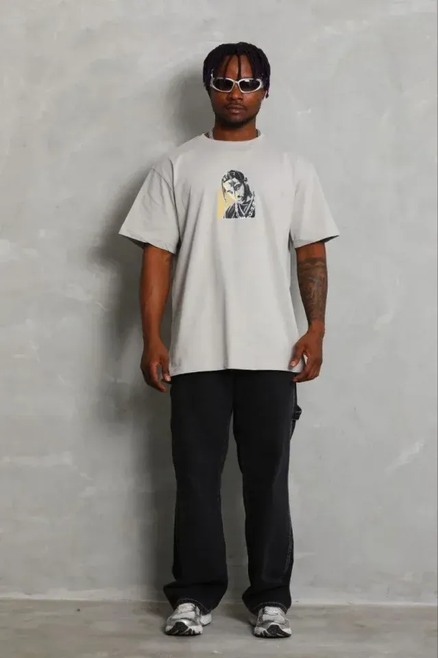 Erkek Baskılı T-Shirt Kısa Kol Bisiklet Yaka Regular Fit Rahat Kalıp Günlük Tişört - Gri