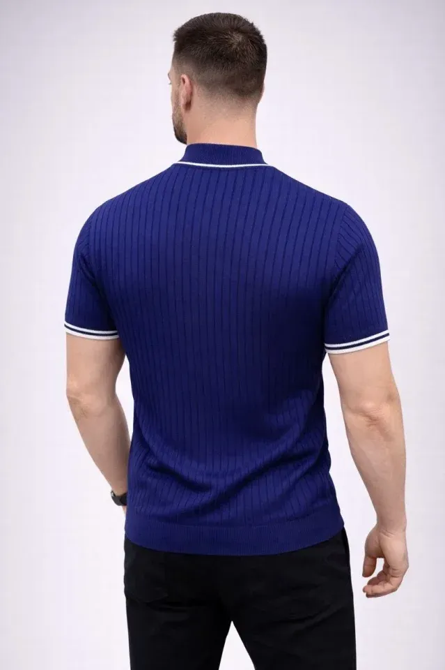 Erkek Fitilli Triko Dokuma Kısa Kol Tişört Yarım Boğaz Modern Yazlık T-Shirt - Lacivert