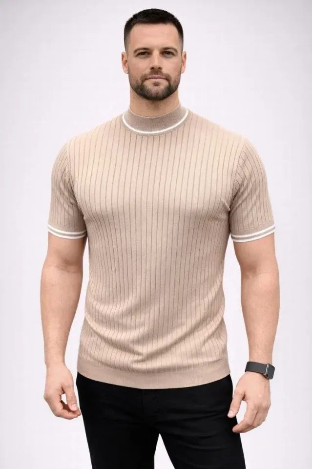Erkek Fitilli Triko Dokuma Kısa Kol Tişört Yarım Boğaz Modern Yazlık T-Shirt - Bej