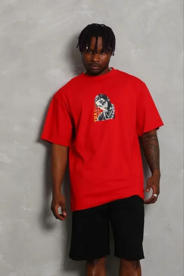 Erkek Baskılı T-Shirt Kısa Kol Bisiklet Yaka Regular Fit Rahat Kalıp Günlük Tişört - Kırmızı