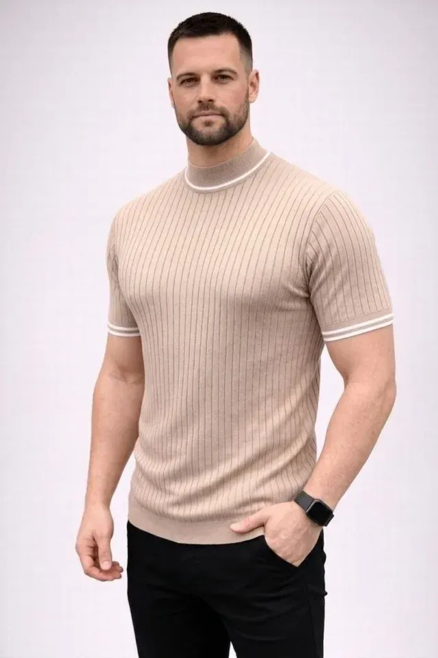 Erkek Fitilli Triko Dokuma Kısa Kol Tişört Yarım Boğaz Modern Yazlık T-Shirt - Bej
