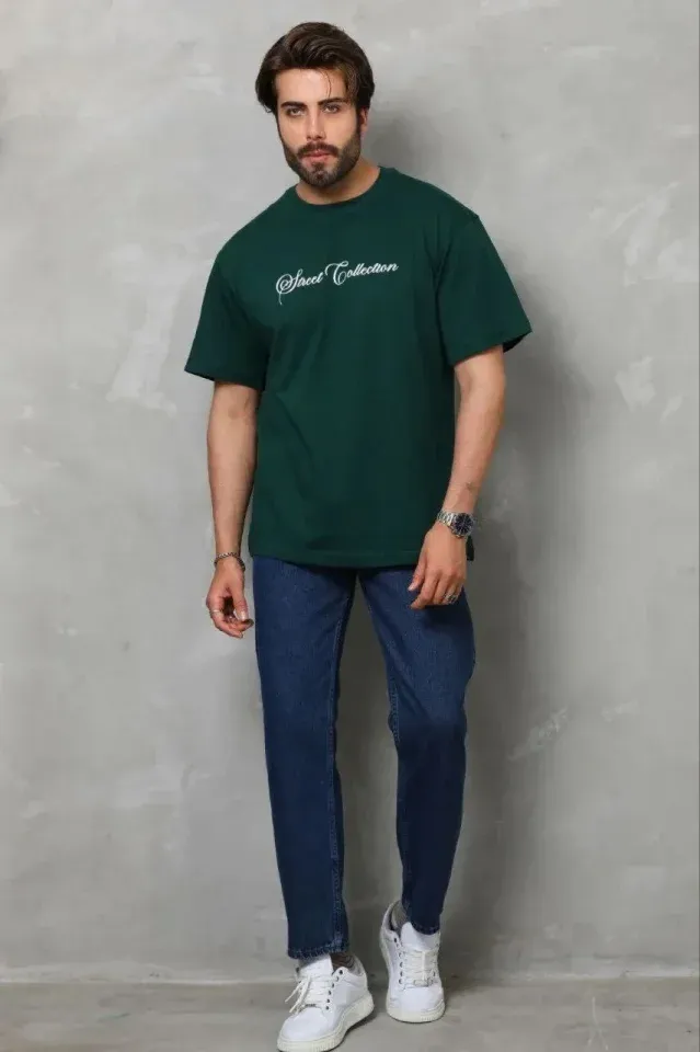 Erkek Baskılı T-Shirt Kısa Kol Bisiklet Yaka Regular Fit Rahat Kalıp Günlük Tişört - Çağla Yeşili