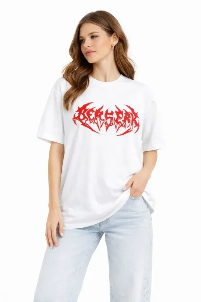 Baskılı T-Shirt Yazlık Kısa Kol Bisiklet Yaka Rahat Kalıp Tişört - Beyaz