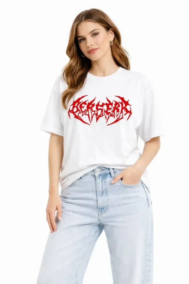 Baskılı T-Shirt Yazlık Kısa Kol Bisiklet Yaka Rahat Kalıp Tişört - Beyaz