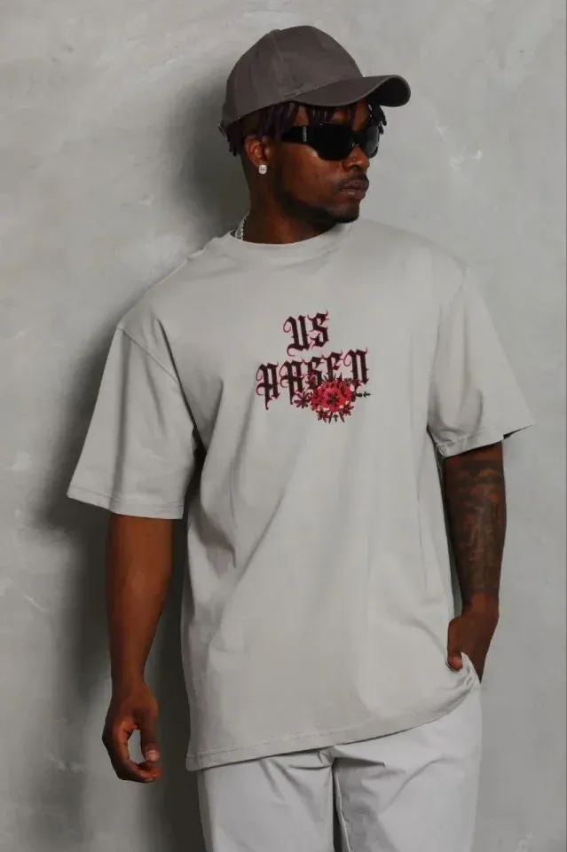 Erkek Baskılı T-Shirt Kısa Kol Bisiklet Yaka Regular Fit Rahat Kalıp Günlük Tişört - Gri