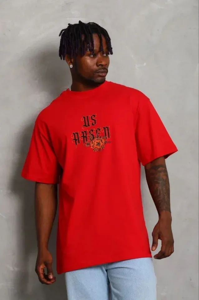Erkek Baskılı T-Shirt Kısa Kol Bisiklet Yaka Regular Fit Rahat Kalıp Günlük Tişört - Kırmızı