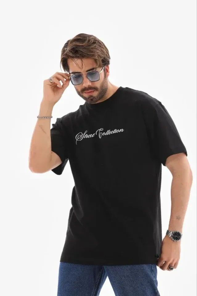 Erkek Baskılı T-Shirt Kısa Kol Bisiklet Yaka Regular Fit Rahat Kalıp Günlük Tişört - Siyah