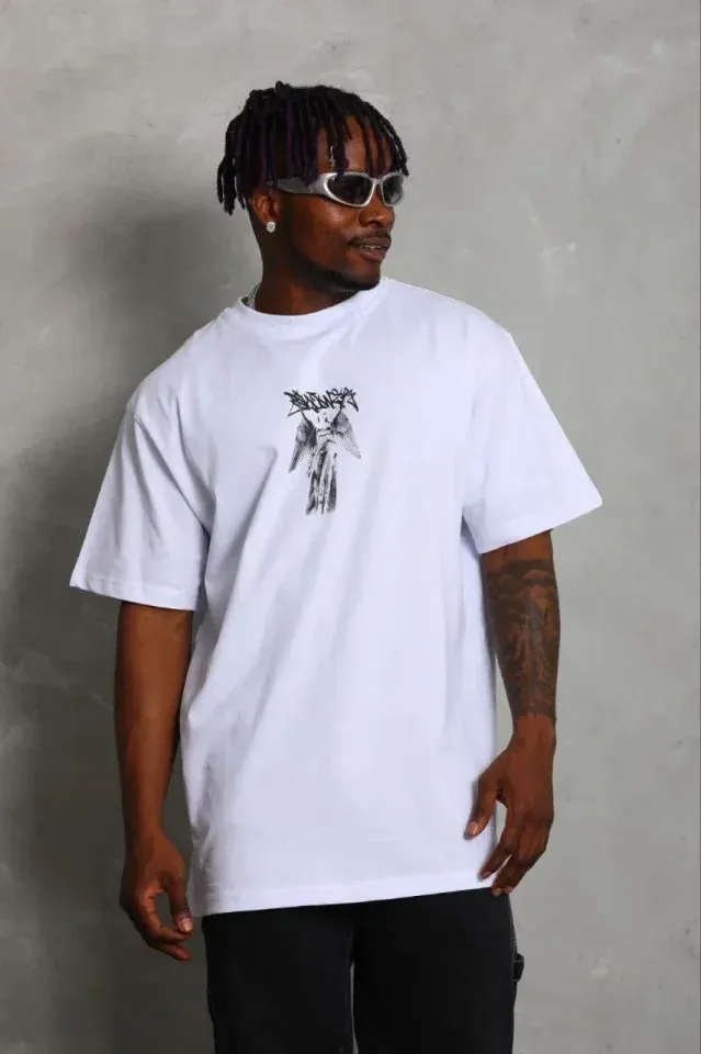 Erkek Baskılı T-Shirt Kısa Kol Bisiklet Yaka Regular Fit Rahat Kalıp Günlük Tişört - Beyaz