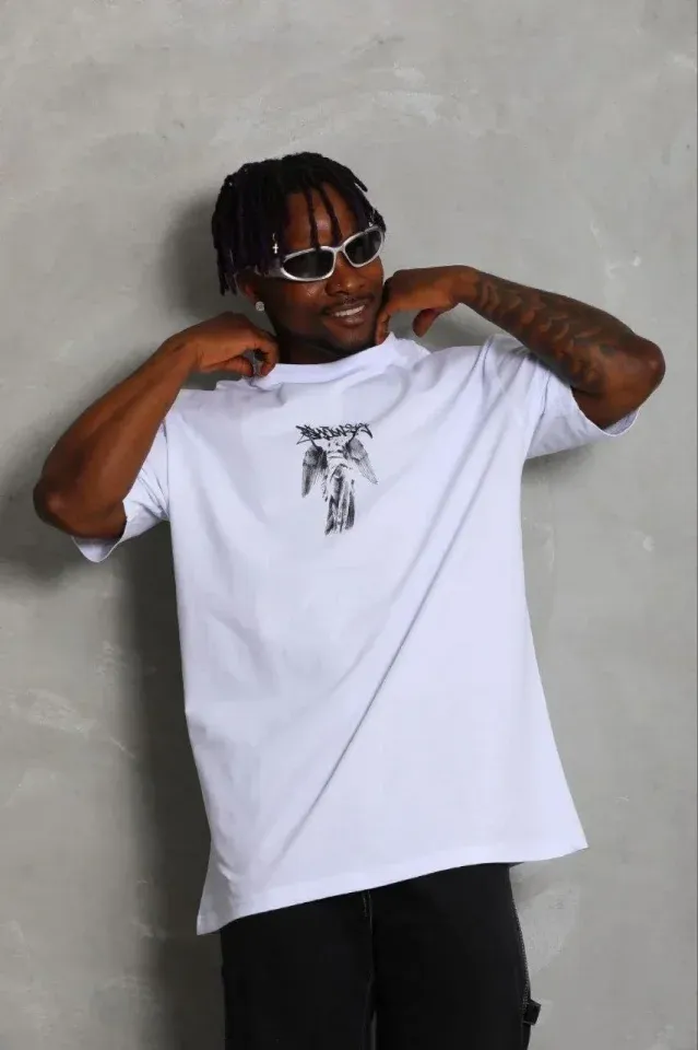 Erkek Baskılı T-Shirt Kısa Kol Bisiklet Yaka Regular Fit Rahat Kalıp Günlük Tişört - Beyaz