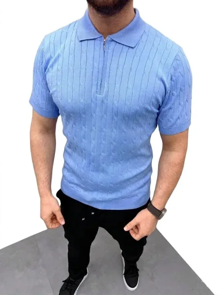 Erkek Yazlık Triko Saç Örgü Tişört Kısa Kol Polo Yaka Fermuarlı T-Shirt - Bebe Mavisi