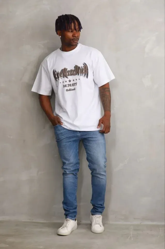 Erkek Baskılı T-Shirt Kısa Kol Bisiklet Yaka Regular Fit Rahat Kalıp Günlük Tişört - Beyaz
