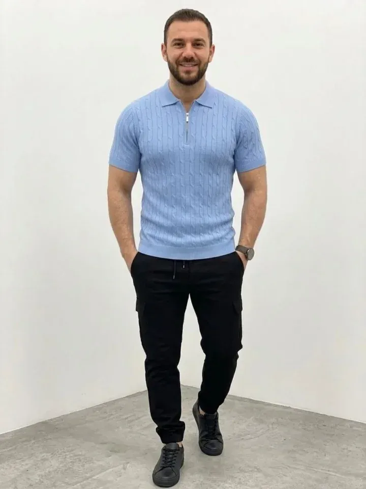 Erkek Yazlık Triko Saç Örgü Tişört Kısa Kol Polo Yaka Fermuarlı T-Shirt - Bebe Mavisi