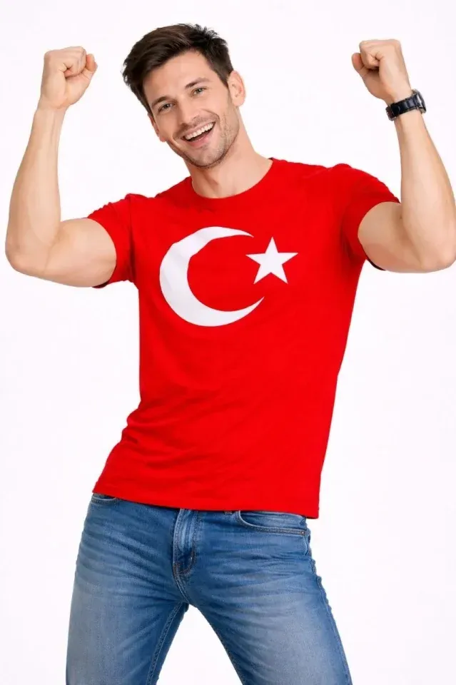 Erkek T-Shirt Kısa Kol Bisiklet Yaka Ay Yıldız Bayrak Baskılı Tişört - Kırmızı