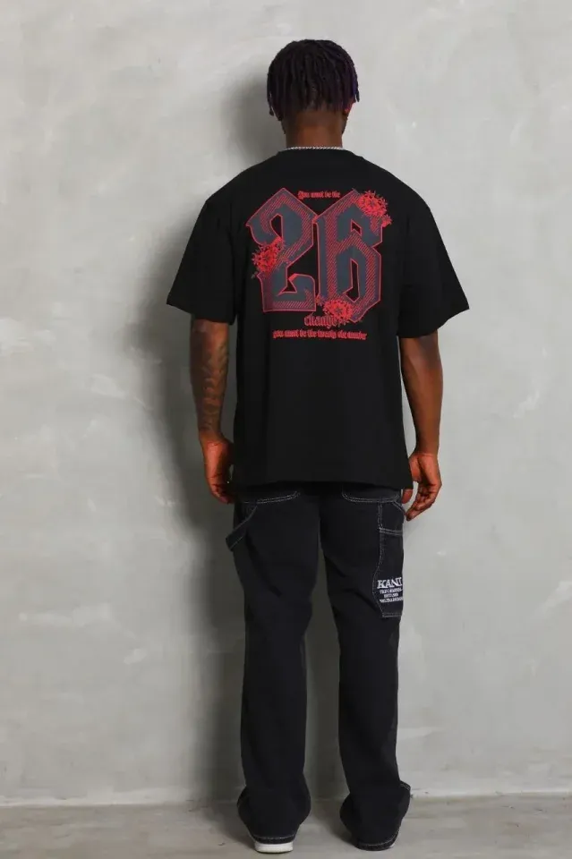 Erkek Baskılı Tişort Kısa Kol Bisiklet Yaka Ovarsize T-Shirt - Siyah