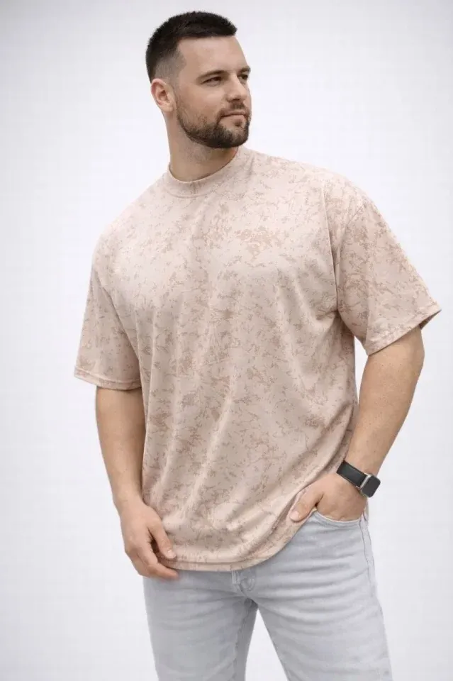 Erkek Premium Tişört OSY Yumuşak Dokulu Yıkamalı Oversize T-Shirt - Bej
