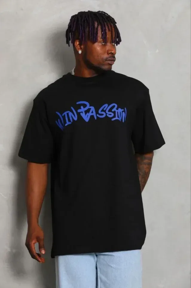 Erkek Baskılı T-Shirt Kısa Kol Bisiklet Yaka Regular Fit Rahat Kalıp Günlük Tişört - Siyah