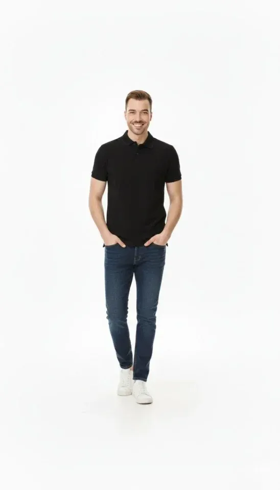 Erkek Pike Kumaş Düğmeli Yaka Regular Fit Günlük Kısa Kol Tişört T-shirt - Siyah