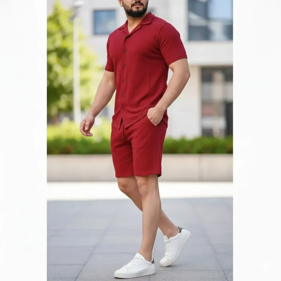 Erkek Waffle Kumaş Kısa Kollu Gömlek Şort Takım Regular Fit Yazlık İkili Set - Bordo