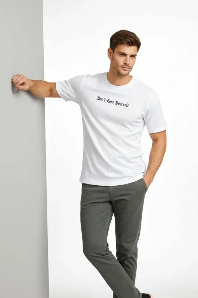 Erkek Wafıl Kumaş Tişört Regular Kalıp Bisiklet Yaka Baskılı Günlük Basic T-Shirt - Beyaz