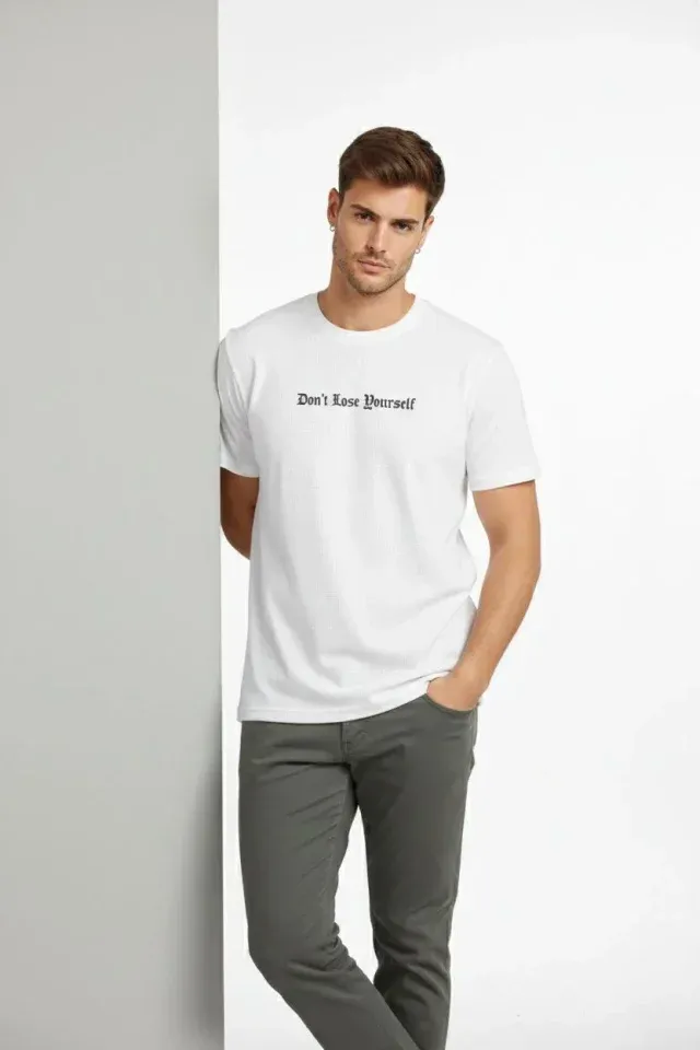 Erkek Wafıl Kumaş Tişört Regular Kalıp Bisiklet Yaka Baskılı Günlük Basic T-Shirt - Beyaz