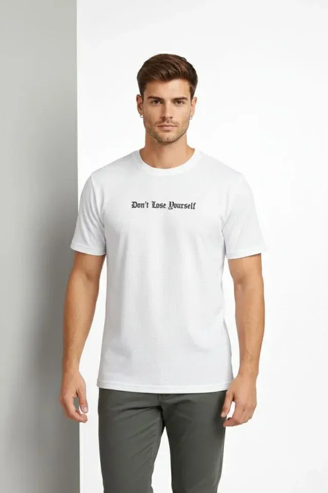 Erkek Wafıl Kumaş Tişört Regular Kalıp Bisiklet Yaka Baskılı Günlük Basic T-Shirt - Beyaz