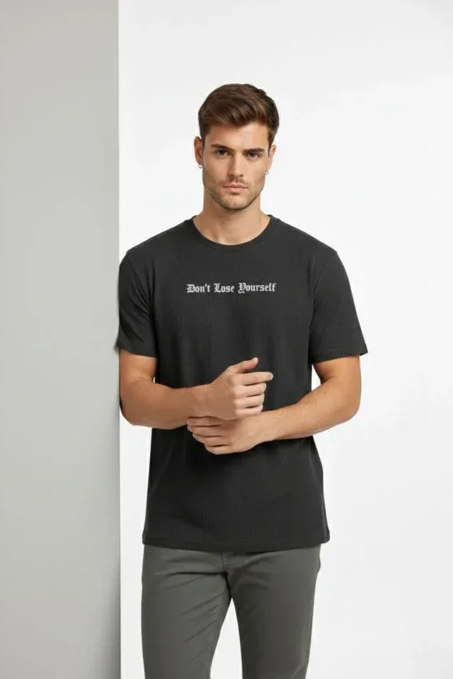 Erkek Wafıl Kumaş Tişört Regular Kalıp Bisiklet Yaka Baskılı Günlük Basic T-Shirt - Siyah