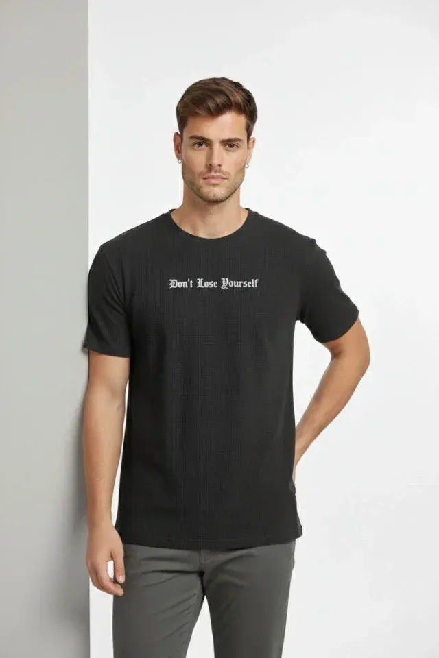 Erkek Wafıl Kumaş Tişört Regular Kalıp Bisiklet Yaka Baskılı Günlük Basic T-Shirt - Siyah