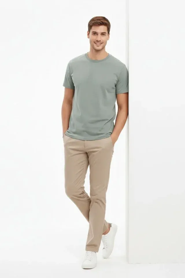 Erkek Bisiklet Yaka Tişört Regular Kalıp Basic Pamuklu Günlük Kullanım T-shirt - Mint Yeşili
