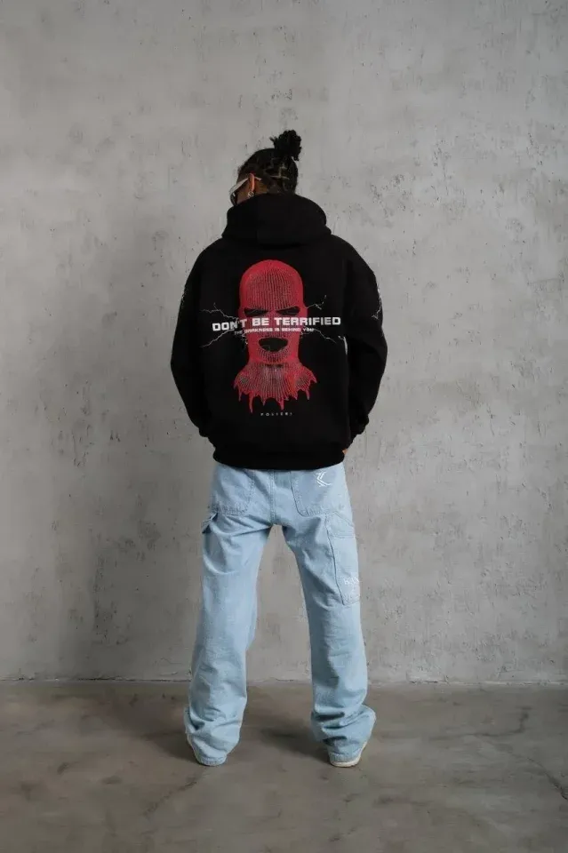 Erkek Oversize Üç İplik Kapüşonlu Sweatshirt – Siyah “Don’t Be Terrified” Ön, Sırt Ve Kol Baskılı, Kanguru Cepli, Ribanalı Rahat Model- Siyah